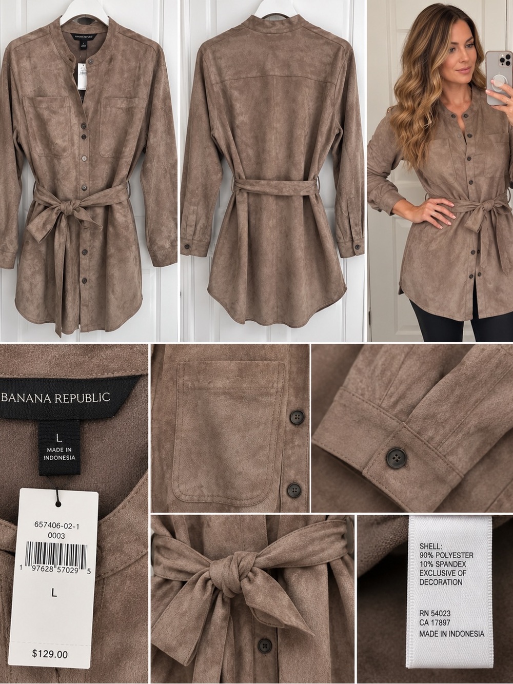 Banana Republic Faux Suede Utility Shirt Jacket/Tunic with Tie Waist Size L
